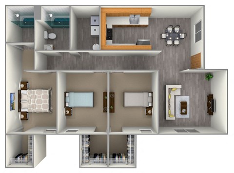 Floor plan for 3 beds, 2 baths, 1025 sqft